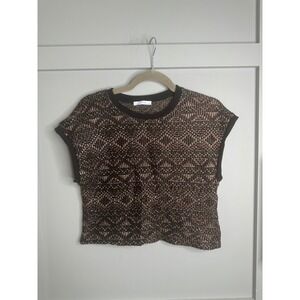 ZARA BASIC Metallic Knit‎ Cap Sleeve Crew Neck Top Women S Black Copper Pink